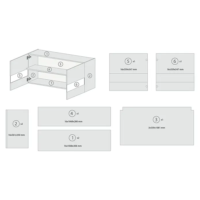 Respekta Merle Hängeschrank - B x T x H: 110 x 34,6 x 56,1 cm, Weiß - Darstellung eines Möbelbausatzes mit detaillierten Abmessungen der Einzelteile für einen einfachen Zusammenbau des Produkts.