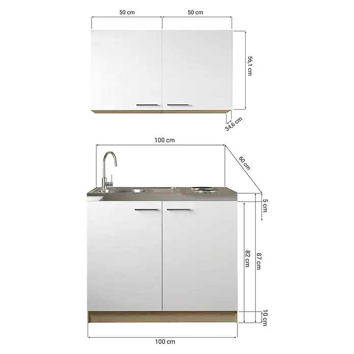 Respekta Merle Miniküche Set 6 - Breite: 100 cm, Grau, Edelstahlkochmulde - Abbildung eines Küchenschranks mit Spüle und Maßen. Der Schrank ist weiß mit einer hellbraunen Basis und Arbeitsplatte.