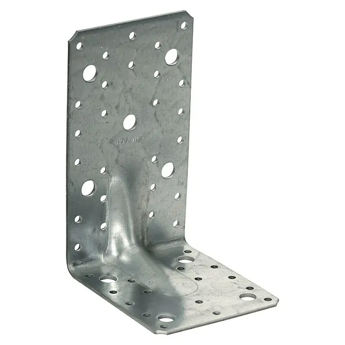 Simpson Strong-Tie Winkelverbinder E20/3 - L x B x H: 170 x 113 x 95 mm, Ungleichschenklig - Detailaufnahme eines verzinkten Winkelverbinders mit diversen Löchern zur Befestigung. Das Metallelement ist robust und langlebig.