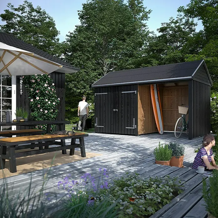 Plus Gartenhaus Classic Multi offen mit Doppeltür - Außenmaß inkl. Dachüberstand (B x T): 432 x 254 cm, Holz, Natur, Nur Gartenhaus - Eine moderne, schwarze Gartengerätebox mit Schiebetür, ideal für die Aufbewahrung von Surfbrettern und Fahrrädern im Garten.