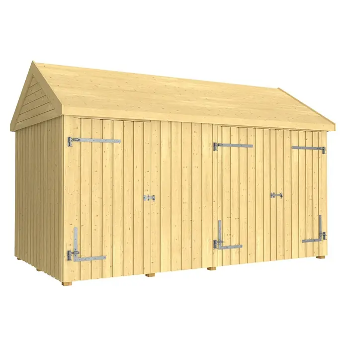 Plus Gartenhaus Classic Multi mit Doppel- und Einzeltür - Außenmaß inkl. Dachüberstand (B x T): 432 x 254 cm, Holz, Natur, Nur Gartenhaus - Ansicht eines hellen Holzschuppens mit schrägen Dach und metallenen Türscharnieren. Eine großartige Ergänzung für jeden Garten!