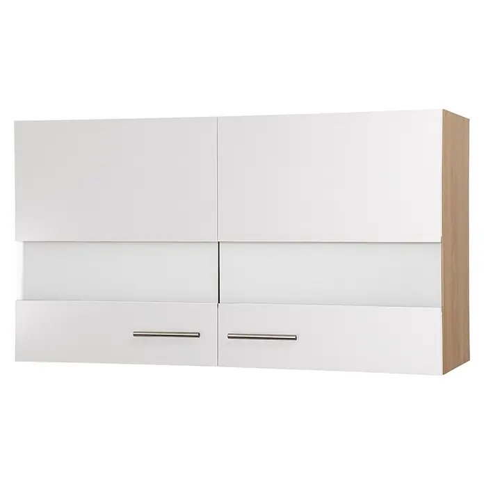 Respekta Merle Küchen-Hängeschrank - B x T x H: 100 x 34,6 x 56,1 cm, Weiß - Nahaufnahme eines modernen weißen Wandschranks mit Griffen und einer hellbraunen Seitenwand. Ideal für stilvolle Aufbewahrung.