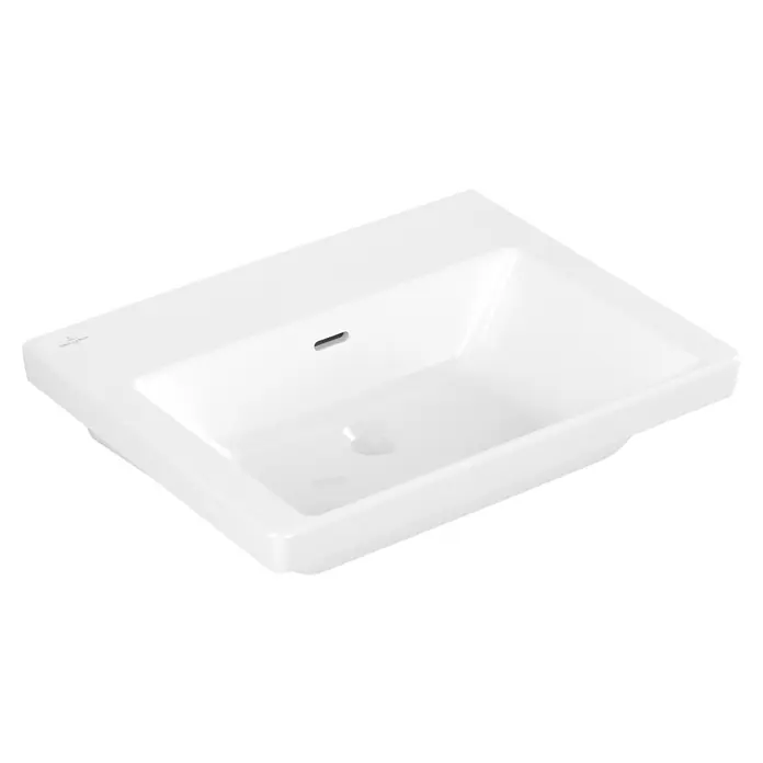 Villeroy & Boch Subway 3.0 Waschtisch - 62,5 x 49,5 cm, Mit schmutzabweisender Glasur, Hahnloch: Ohne, Mit Überlauf, Weiß Alpin, Geschliffen - Weißes, rechteckiges Keramikwaschbecken mit Überlauf und Abfluss.