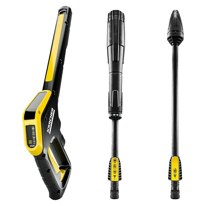 Kärcher Hochdruckreiniger K 4 Power Control Flex Home - 130 bar, 1.800 W, Fördermenge: 420 l/h, Mit Home Kit - Das Bild zeigt eine Kärcher Pistole mit verschiedenen Strahlrohren, die für die Reinigung mit Hochdruckreinigern verwendet werden.