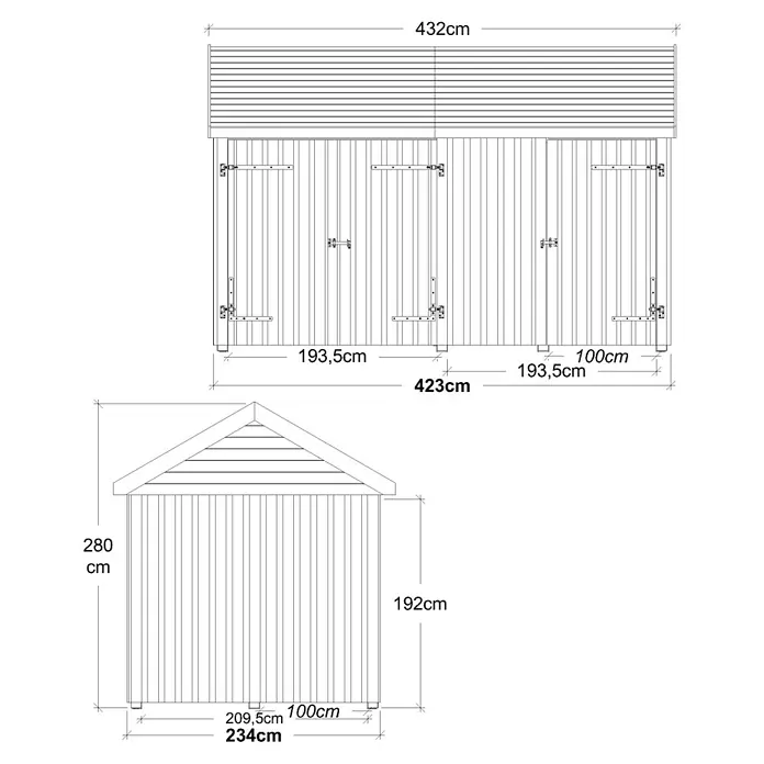 Plus Gartenhaus Classic Multi mit Doppel- und Einzeltür - Außenmaß inkl. Dachüberstand (B x T): 432 x 254 cm, Holz, Natur, Nur Gartenhaus - Ansichten eines Gartenhauses mit den Abmessungen 432 cm Breite und 280 cm Höhe für die Planung im Garten.