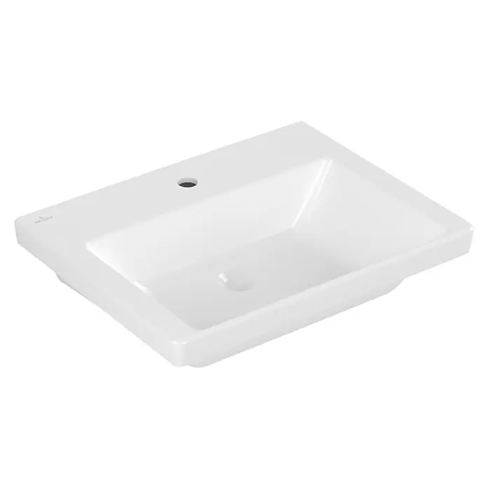 Villeroy & Boch Subway 3.0 Waschtisch - 67 x 55,2 cm, Ohne Spezialglasur, Hahnloch: Mitte, Ohne Überlauf, Weiß Alpin - Rechteckiges weißes Keramik-Waschbecken mit integriertem Becken, Hahnloch und Überlauf.