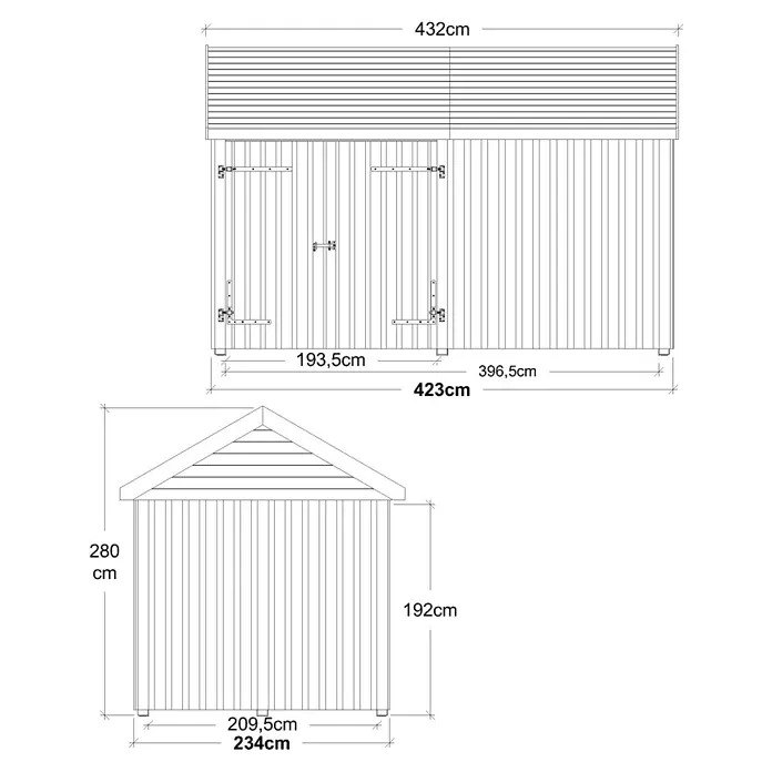 Plus Gartenhaus Classic Multi mit Doppeltür - Außenmaß inkl. Dachüberstand (B x T): 432 x 254 cm, Holz, Natur, Mit Dachpappe, Aluleisten und Bodenanker - Abbildung eines Gartenhauses mit den Maßen 432 cm Breite und 280 cm Höhe.