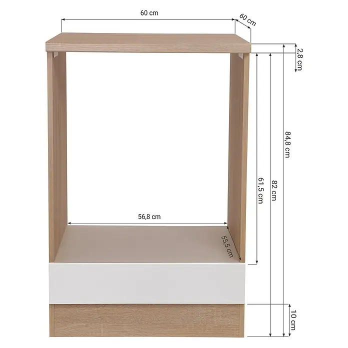 Respekta Merle Herdumbauschrank - B x T x H: 60 x 60 x 84,8 cm, Schwarz - Detailaufnahme eines modernen Holzregals mit präzisen Maßangaben, die die Konstruktion und Größe des Möbels veranschaulichen.