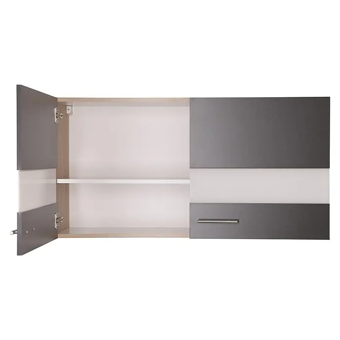 Respekta Merle Hängeschrank - B x T x H: 110 x 34,6 x 56,1 cm, Grau - Hier ist ein hochauflösendes Foto eines grauen und weißen Wandschranks mit einer Regalboden, wobei eine Tür geöffnet ist.