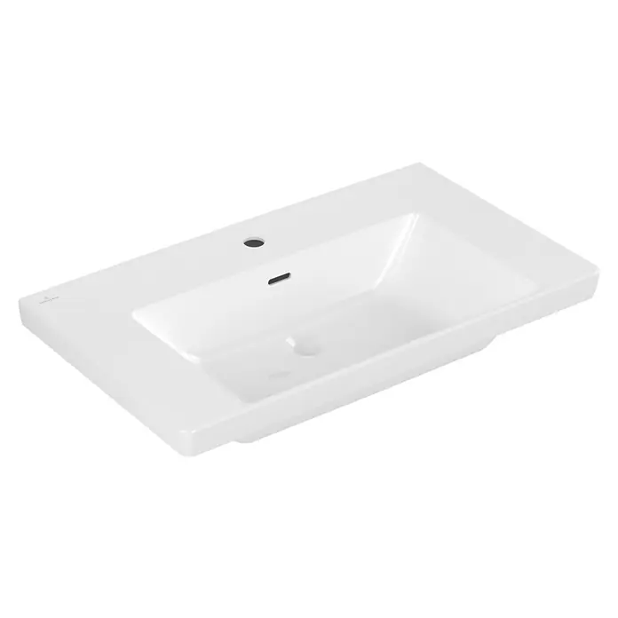 Villeroy & Boch Subway 3.0 Aufsatzwaschbecken - 80 x 47 cm, Mit schmutzabweisender Glasur, Mit Überlauf, Weiß Alpin, Anzahl Hahnlöcher: 1 - Weißes Keramik-Waschbecken mit Hahnloch, Überlaufschlitz und Abfluss.