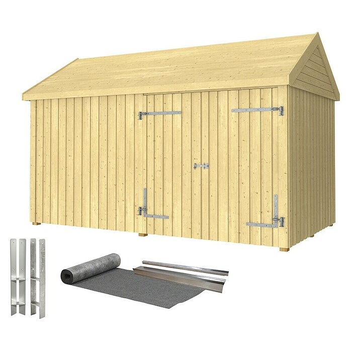 Plus Gartenhaus Classic Multi mit Doppeltür (Außenmaß inkl. Dachüberstand (B x T): 432 x 254 cm, Holz, Natur, Mit Dachpappe, Aluleisten und Bodenanker) | BAUHAUS