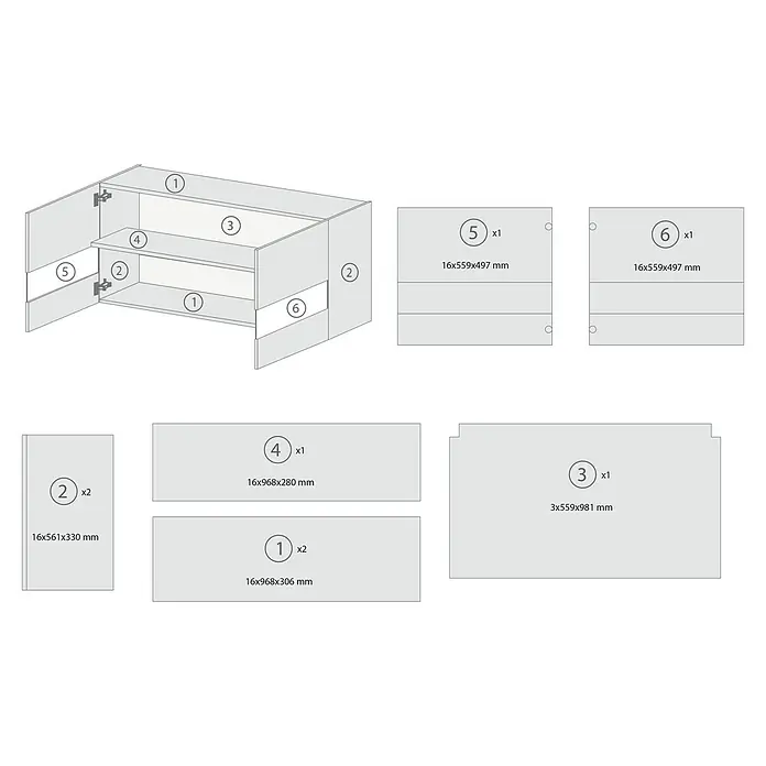 Respekta Merle Hängeschrank - B x T x H: 100 x 34,6 x 56,1 cm, Weiß - Produktbild mit Maßen der Einzelteile. Diese beinhalten: Tür, Unterseite, Korpus, Ablage und Seitenwände des Möbels.