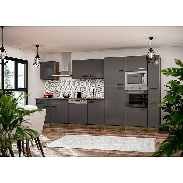Respekta Composición de cocina (Ancho: 370 cm, Con dispositivos eléctricos, Brillo satinado gris)