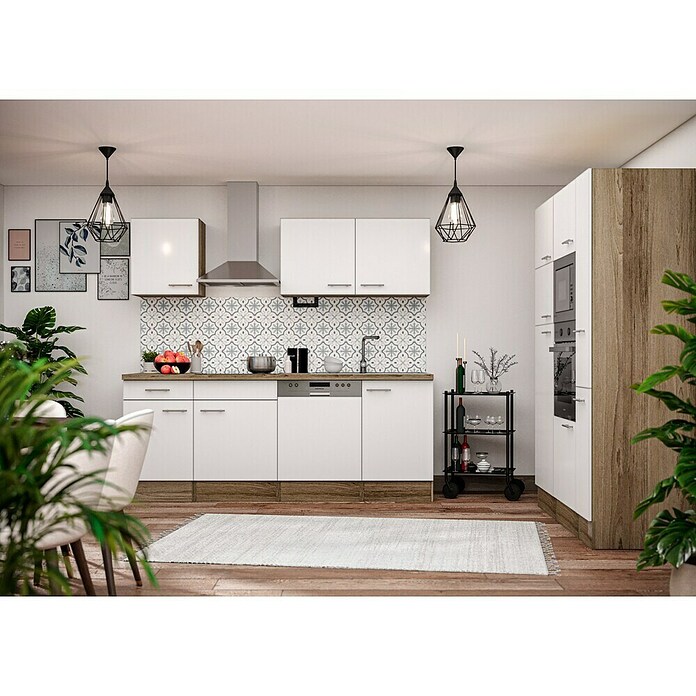 Respekta Composición de cocina (Ancho: 370 cm, Con dispositivos eléctricos, Brillo satinado blanco)