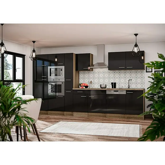 Respekta Küchenzeile Oliver - Breite: 370 cm, Schwarz, Mit Elektrogeräten - Moderne Küche mit schwarzen Hochglanzfronten, integrierten Geräten und stilvoller Beleuchtung für ein elegantes Ambiente.