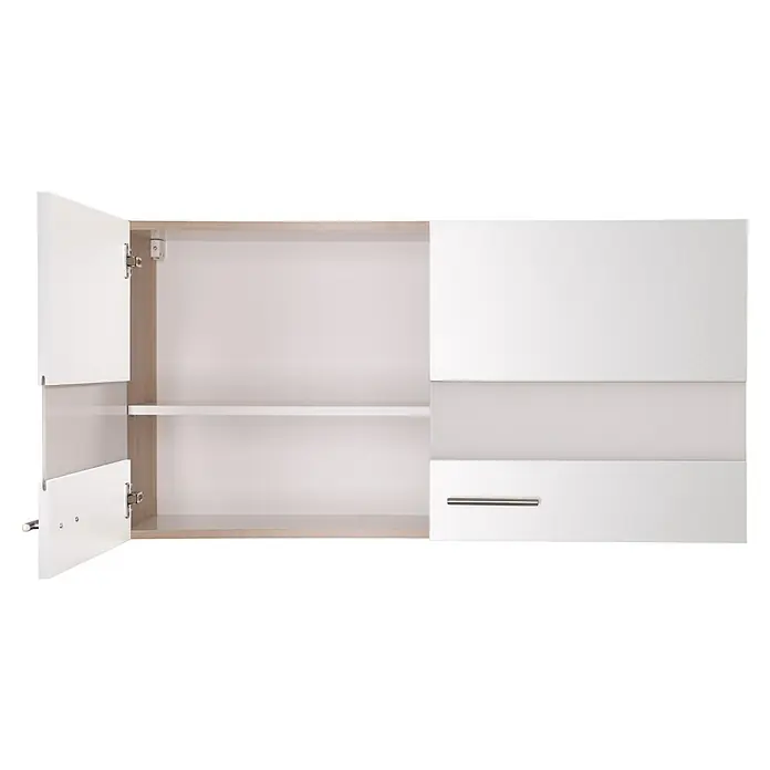 Respekta Merle Hängeschrank - B x T x H: 110 x 34,6 x 56,1 cm, Weiß - Eine Nahaufnahme eines weißen Badezimmerschranks mit geöffneten Türen, der ein Regal und Schubladen zeigt.