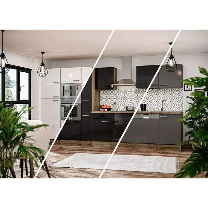 Respekta Küchenzeile Oliver - Breite: 370 cm, Grau, Mit Elektrogeräten - Eine moderne Küche mit weißen, schwarzen und grauen Schränken, ergänzt durch Geräte und Dekor, schafft einen stilvollen und funktionalen Raum.