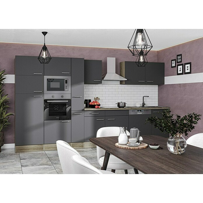 Respekta Composición de cocina (Ancho: 370 cm, Con dispositivos eléctricos, Brillo satinado gris)