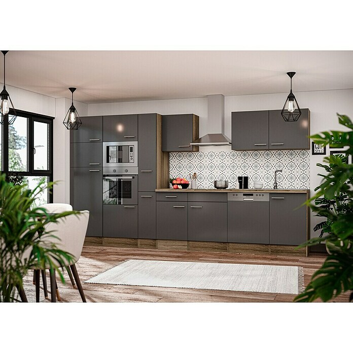 Respekta Composición de cocina (Ancho: 370 cm, Con dispositivos eléctricos, Brillo satinado gris)