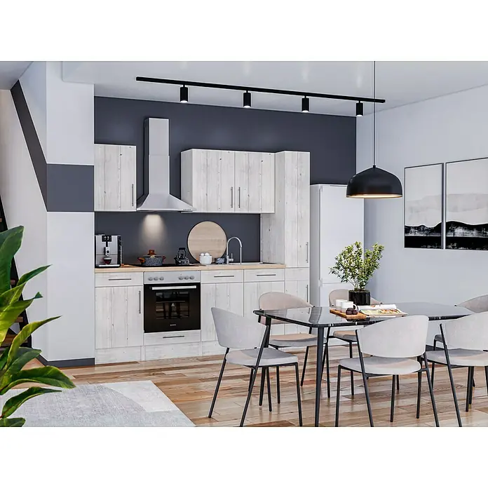 Respekta Premium Küchenzeile Anton - Breite: 250 cm, Weiß, Mit Elektrogeräten - Helles Küchendesign mit Esstisch: Eine moderne Küche mit weißen Schränken, einem schwarzen Esstisch und minimalistischen Stühlen für ein stilvolles Ambiente.