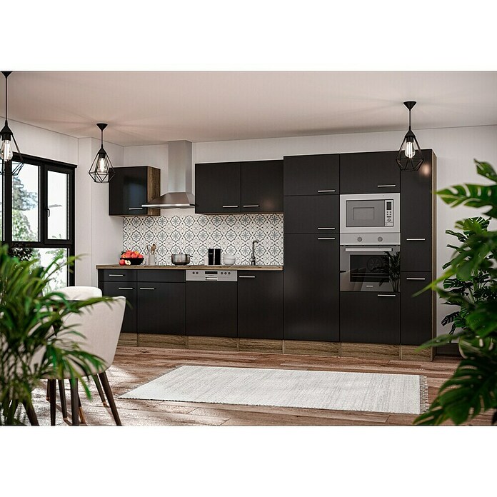 Respekta Composición de cocina (Ancho: 370 cm, Con dispositivos eléctricos, Brillo satinado negro)