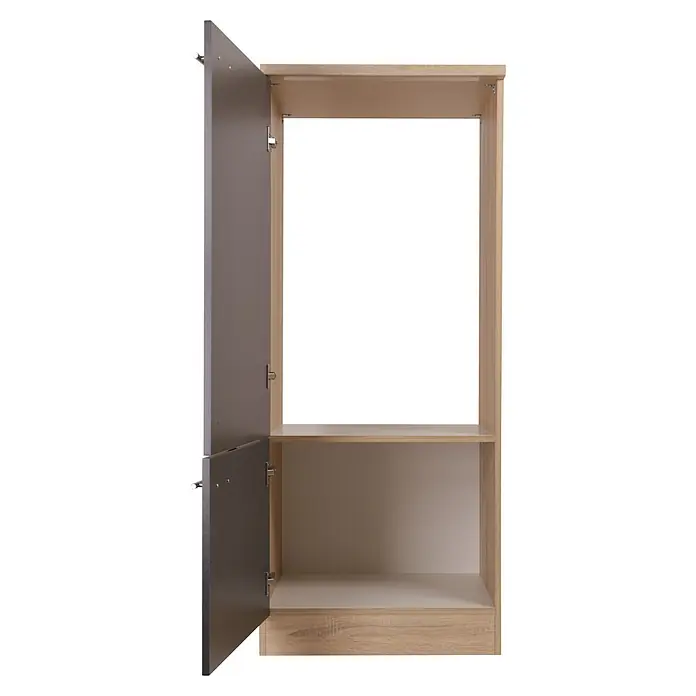 Respekta Merle Kühlumbauschrank - B x T x H: 60 x 60 x 144,8 cm, Grau, Für Kühlschrank - Ein offener Kleiderschrank mit einer Tür auf der linken Seite. Der Schrank ist aus hellem Holz gefertigt und hat mehrere Ablageflächen.