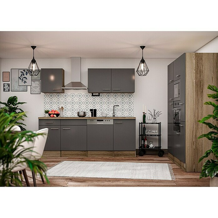 Respekta Composición de cocina (Ancho: 370 cm, Con dispositivos eléctricos, Brillo satinado gris)