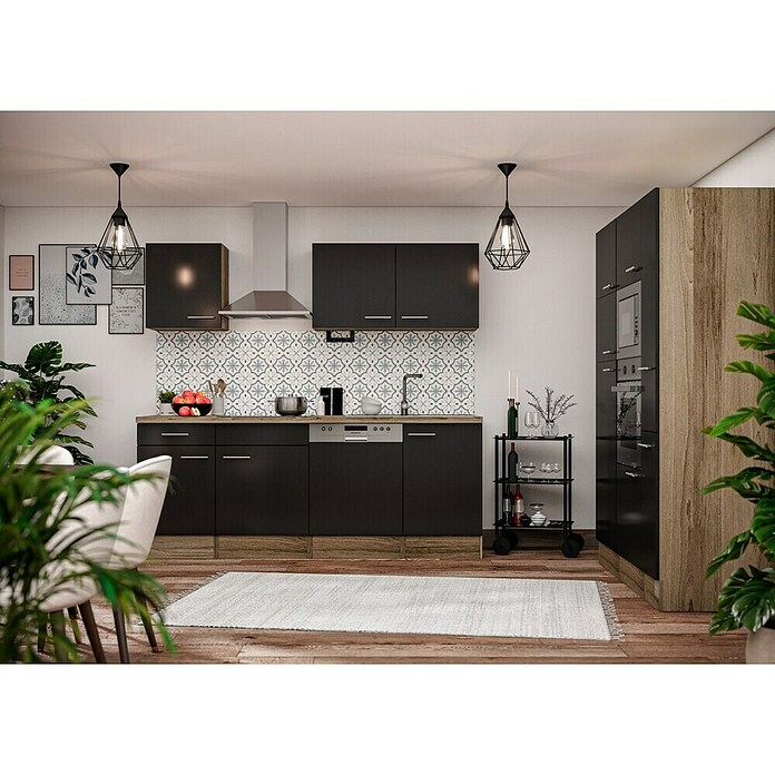 Respekta Composición de cocina (Ancho: 370 cm, Con dispositivos eléctricos, Brillo satinado negro)