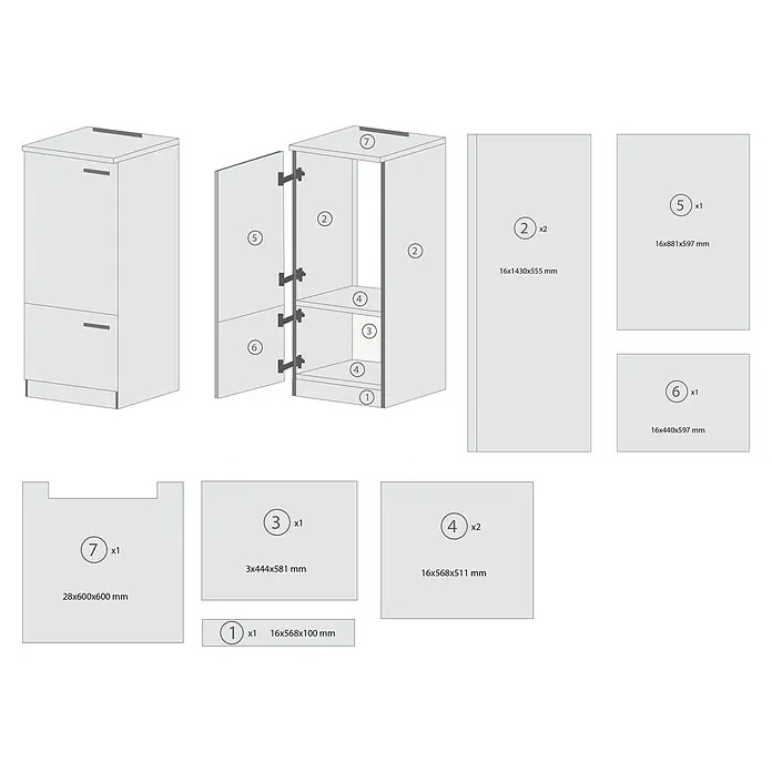 Respekta Merle Geräteumbauschrank - B x T x H: 60 x 60 x 144,8 cm, Schwarz, Für Kühlschrank - Eine schematische Darstellung eines Küchenschranks mit seinen Einzelteilen, inklusive Maße für jede Komponente.