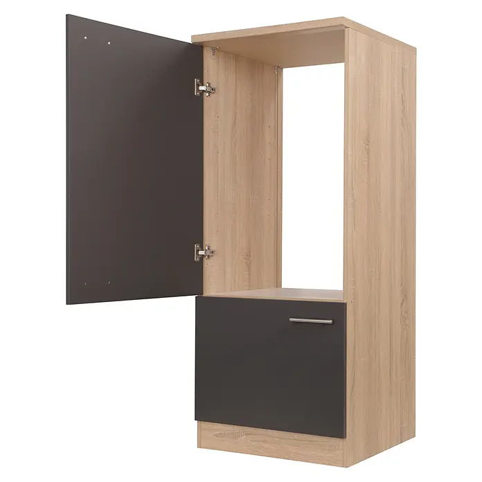 Respekta Merle Kühlumbauschrank - B x T x H: 60 x 60 x 144,8 cm, Grau, Für Kühlschrank - Dieses Foto zeigt einen modernen Kleiderschrank in Holzoptik mit einer offenen Tür und einer Schublade in Anthrazit.