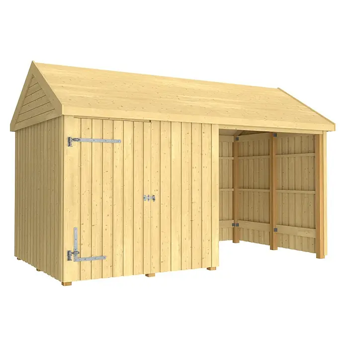 Plus Gartenhaus Classic Multi offen mit Einzeltür - Außenmaß inkl. Dachüberstand (B x T): 432 x 254 cm, Holz, Natur, Nur Gartenhaus - Ein Holzschuppen mit Doppeltür auf der einen Seite und einem offenen Unterstand auf der anderen Seite.
