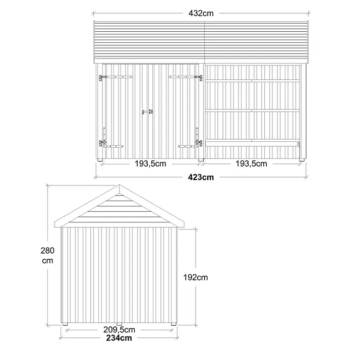 Plus Gartenhaus Classic Multi offen mit Doppeltür - Außenmaß inkl. Dachüberstand (B x T): 432 x 254 cm, Holz, Natur, Nur Gartenhaus - Abbildung eines Gartenhauses mit Abmessungen, die die Gesamtbreite, Höhe und Tiefe des Holzschuppens zeigen.