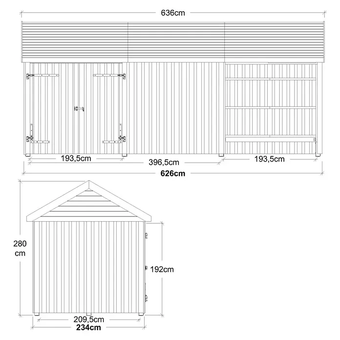 Plus Gartenhaus Classic Multi offen/geschlossen mit Doppeltür - Außenmaß inkl. Dachüberstand (B x T): 636 x 254 cm, Holz, Natur, Mit Dachpappe, Aluleisten und Bodenanker - Detaillierte Skizze eines Gartenhauses mit Maßangaben zu Länge, Höhe und Breite. Konstruktionsplan für Bauprojekte.