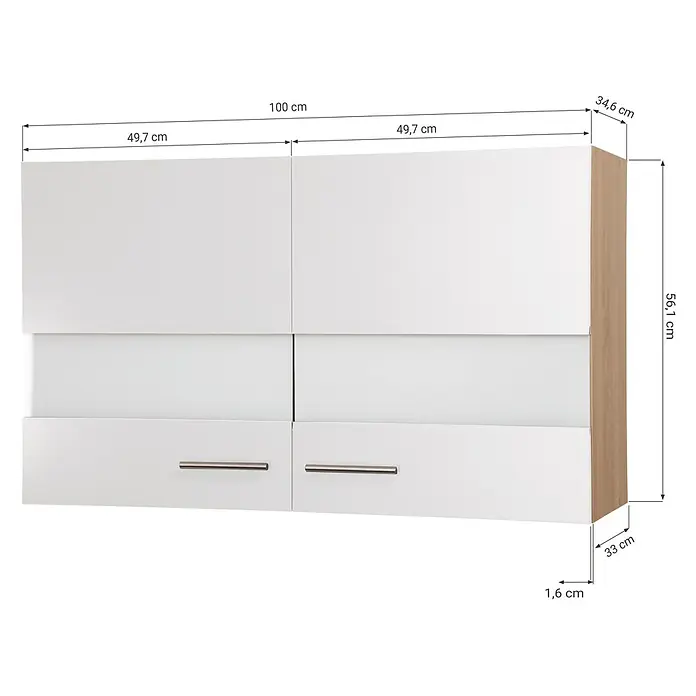 Respekta Merle Hängeschrank - B x T x H: 100 x 34,6 x 56,1 cm, Weiß - Abbildung eines Hängeschranks mit den Maßen 100 cm Breite, 56,1 cm Höhe und 34,6 cm Tiefe. Die Fronten sind weiß und haben silberfarbene Griffe.