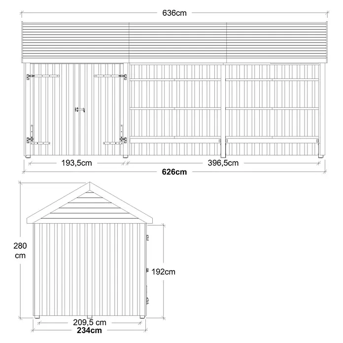 Plus Gartenhaus Classic Multi offen mit Doppeltür - Außenmaß inkl. Dachüberstand (B x T): 636 x 254 cm, Holz, Natur, Nur Gartenhaus - Technische Zeichnung eines Gartenhauses mit Maßen.
