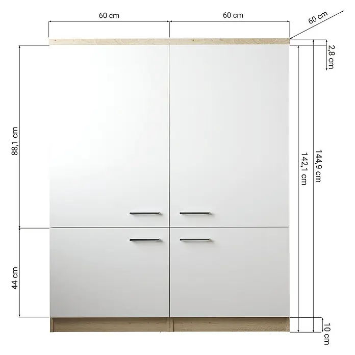 Respekta Merle Hochschrank - B x T x H: 120 x 60 x 144,9 cm, Grau - Aufnahme eines Schranks mit weißen Türen und hellen Holzplatten oben und unten, ergänzt durch Maßangaben.