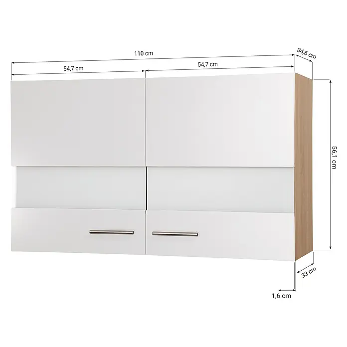 Respekta Merle Hängeschrank - B x T x H: 110 x 34,6 x 56,1 cm, Weiß - Ansicht eines Hängeschranks mit weißen Fronten und Holzkorpus mit Maßangaben.