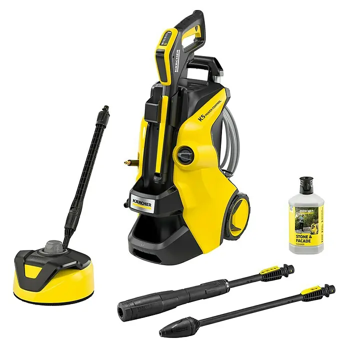 Kärcher Hochdruckreiniger K 5 Power Control Flex Home - 125 bar, 2.100 W, Fördermenge: 500 l/h, Mit Home Kit - Gelb-schwarzer Kärcher K5 Power Control Hochdruckreiniger mit Flächenreiniger, Strahlrohren und Reinigungsflüssigkeit.