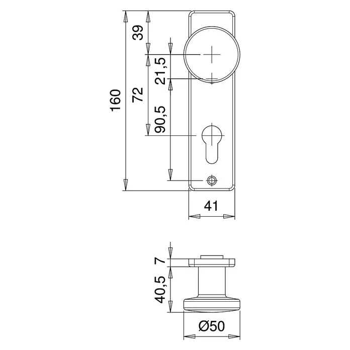Portaferm Knopfkurzschild - Distanznorm: 72 mm, Aluminium, Neusilber, Kurzschild - Technische Zeichnung einer Türgarnitur mit allen Maßangaben. Die Türgarnitur besteht aus Griff und Rosette.