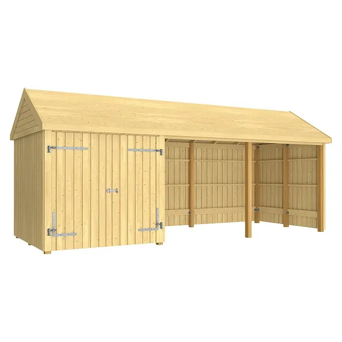 Plus Gartenhaus Classic Multi offen mit Doppeltür - Außenmaß inkl. Dachüberstand (B x T): 636 x 254 cm, Holz, Natur, Nur Gartenhaus - Holzschuppen mit geschlossenem Abteil und offenem Unterstand. Ideal für Lagerung und Schutz vor Witterungseinflüssen im Garten.