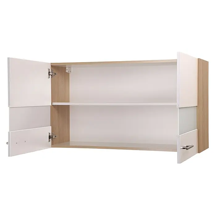 Respekta Merle Küchen-Hängeschrank - B x T x H: 100 x 34,6 x 56,1 cm, Weiß - Ein offener Badezimmerschrank mit weißen Türen und einem hellen Holzrahmen. Im Inneren befinden sich zwei Regale zur Aufbewahrung.
