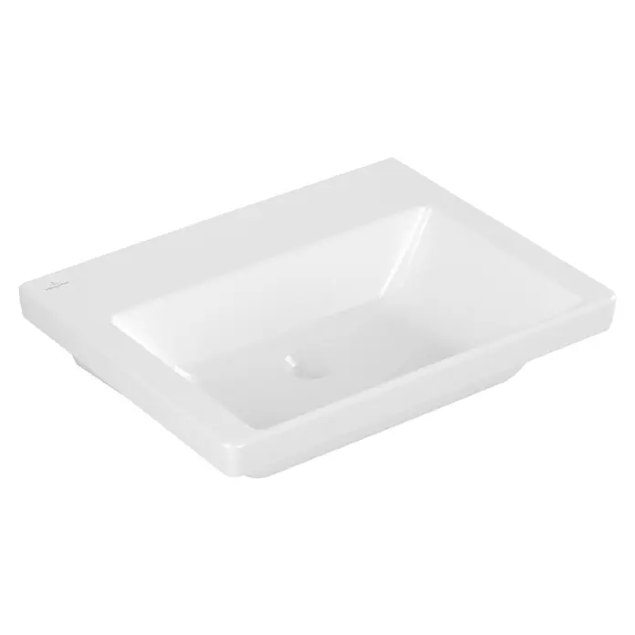 Villeroy & Boch Subway 3.0 Waschtisch - 67 x 55,2 cm, Ohne Spezialglasur, Hahnloch: Ohne, Ohne Überlauf, Weiß Alpin, Geschliffen - Weißes rechteckiges Keramik-Waschbecken mit integrierter Schale und Villeroy & Boch Logo.