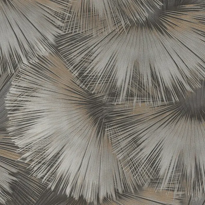 Rasch Incanto Vliestapete Fächer - Grau-Bronze, Grafisch, 10,05 x 0,53 m - Abstrakte Tapete mit fächerförmigen, strahlenförmigen Mustern in Grau- und Goldtönen, die eine stilvolle und moderne Wandgestaltung ermöglicht.