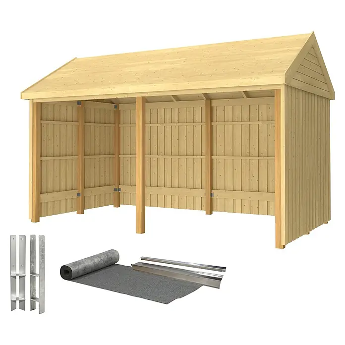 Plus Gartenhaus Classic Multi offen - Außenmaß inkl. Dachüberstand (B x T): 432 x 254 cm, Holz, Natur, Mit Dachpappe, Aluleisten und Bodenanker - Ein geräumiger Holzunterstand mit Dach und seitlichen Stützstrukturen. Das Produkt bietet Schutz vor Witterungseinflüssen und Stauraum.