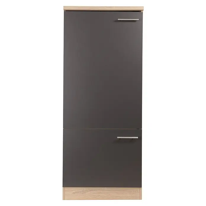 Respekta Merle Kühlumbauschrank - B x T x H: 60 x 60 x 144,8 cm, Grau, Für Kühlschrank - Schuhschrank mit zwei Schubladen, grauen Fronten und hellen Holzdetails, ideal für Flur oder Garderobe zur Schuhaufbewahrung.