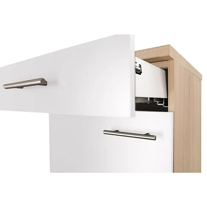 Respekta Merle Unterschrank - B x T x H: 50 x 60 x 84,8 cm, Weiß - Nahaufnahme eines Schranks mit einer teilweise geöffneten Schublade, die das Innere des Möbelstücks zeigt.