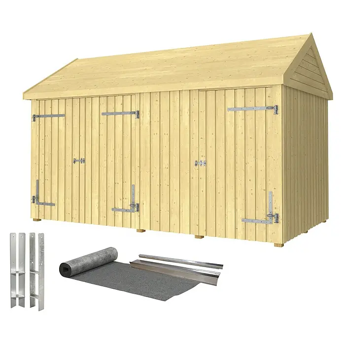 Plus Gartenhaus Classic Multi mit Doppel- und Einzeltür - Außenmaß inkl. Dachüberstand (B x T): 432 x 254 cm, Holz, Natur, Mit Dachpappe, Aluleisten und Bodenanker - Eine Ansicht eines Holzgartenschuppens mit Beschlägen und Dachmaterialien, die zusätzliche Optionen zum Aufbau der Struktur bietet.