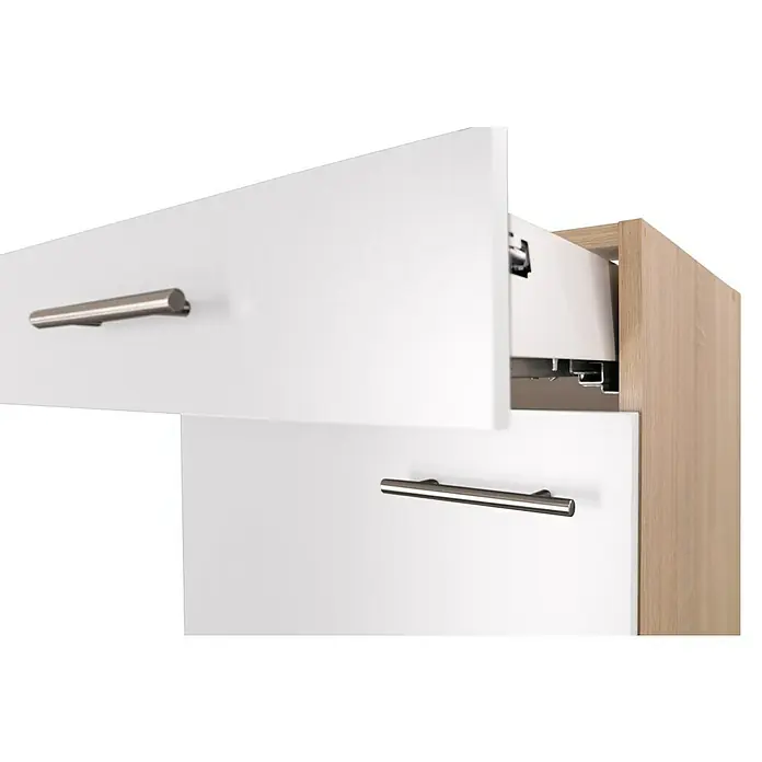Respekta Merle Unterschrank - B x T x H: 50 x 60 x 84,8 cm, Weiß - Detailaufnahme eines Schranks mit zwei Schubladen, wobei die obere Schublade geöffnet ist und die Schienen sichtbar sind.