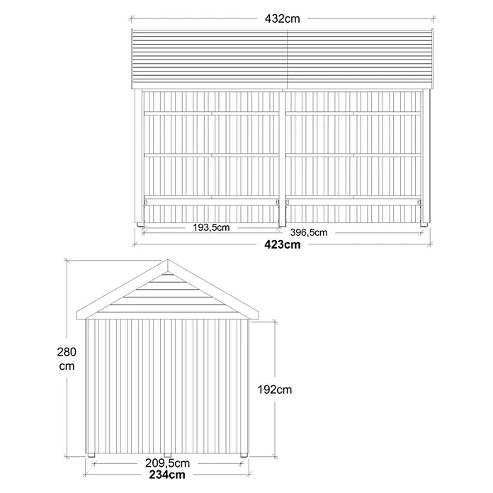 Plus Gartenhaus Classic Multi offen - Außenmaß inkl. Dachüberstand (B x T): 432 x 254 cm, Holz, Natur, Nur Gartenhaus - Technische Zeichnung eines Holzschuppens mit Abmessungen.