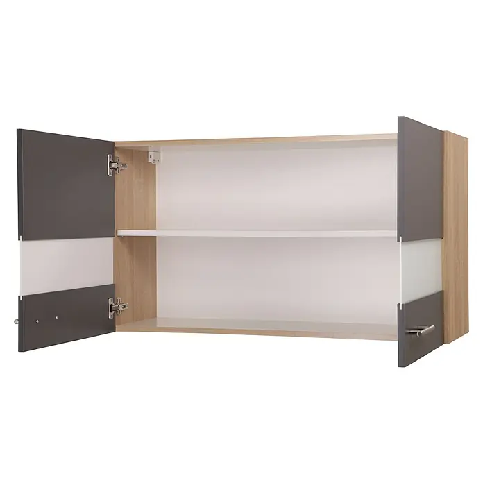 Respekta Merle Küchen-Hängeschrank - B x T x H: 100 x 34,6 x 56,1 cm, Grau - Abgebildeter offener Hängeschrank mit hellbraunem Korpus, grauen Türen und einem weißen Regal. Der Hängeschrank ist funktional und stilvoll.